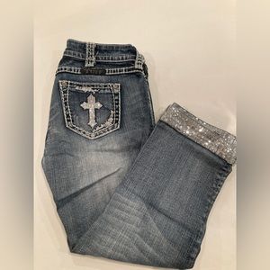 Cowgirl Up Co distressed Capri Jeans with silver Sequins.